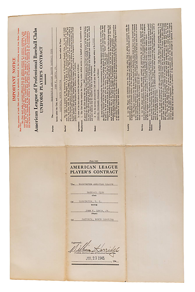 1945 Buddy Lewis, Clark Griffith & William Harridge Signed Uniform Player's Contract