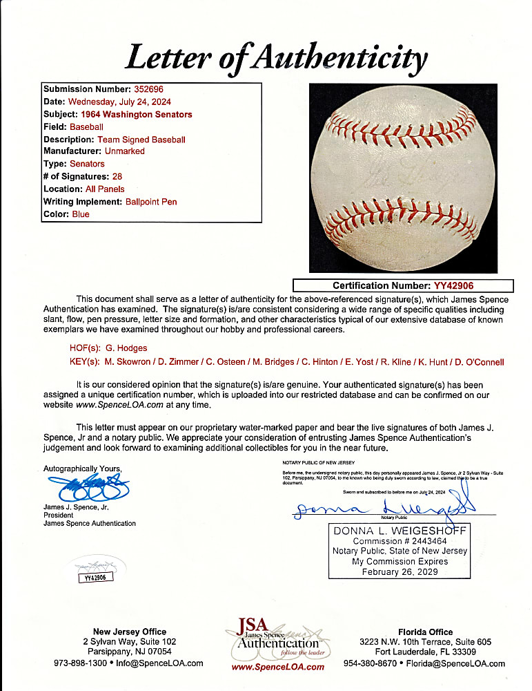 1964 Washington Senators Team-Signed Baseball with (28) Signatures Including Gil Hodges Sweet Spot - Full JSA LOA