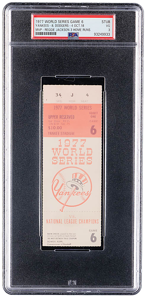 1977 World Series New York Yankees Versus Los Angeles Dodgers Game 6 Clincher Ticket Stub - Reggie Jackson 3 Home Runs! - PSA VG 3