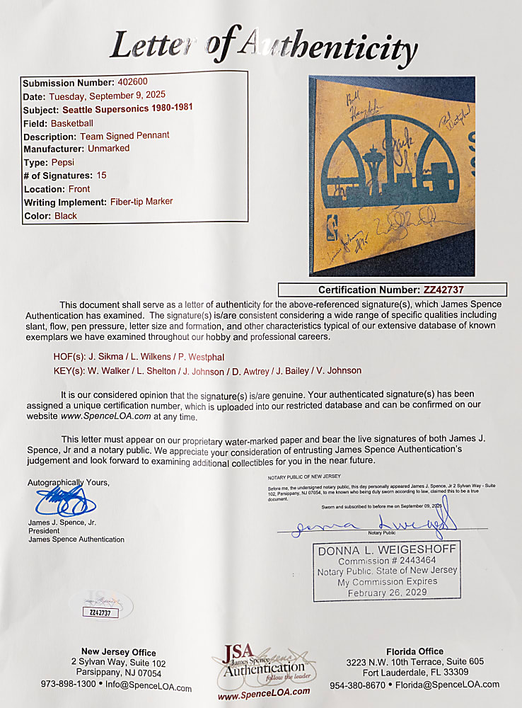 1980-1981 Seattle Supersonics Team-Signed Pennant with (15) Signatures Including Wilkens, Westphal & Sikma Plus Full JSA LOA