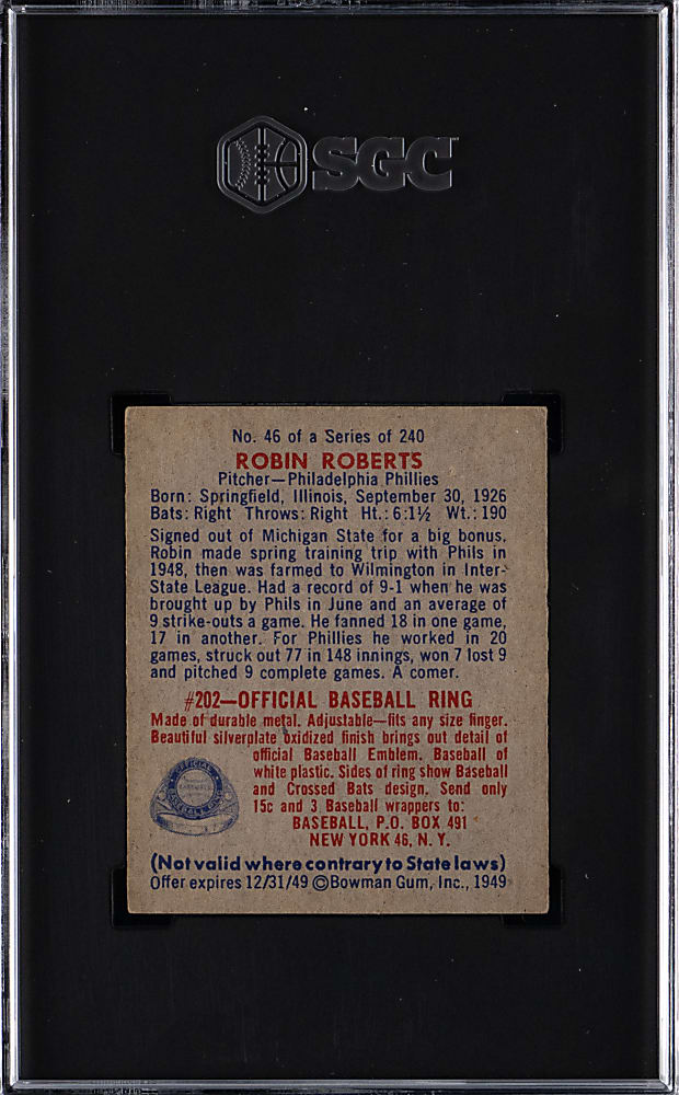 1949 Bowman #46 Robin Roberts Rookie SGC EX 5