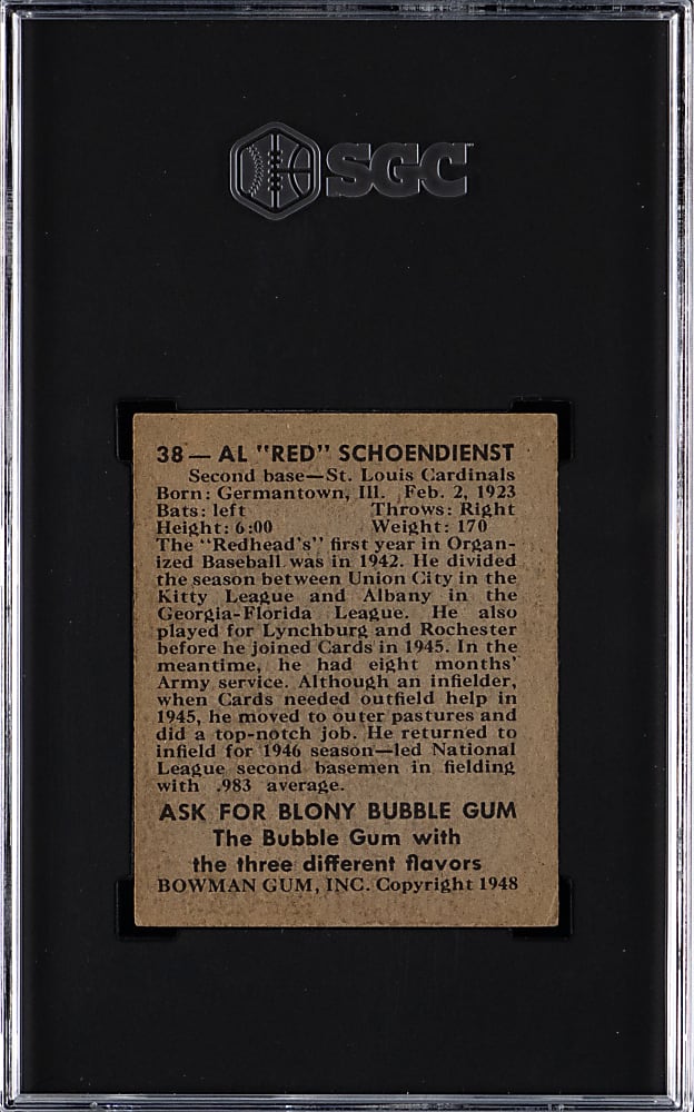 1948 Bowman #38 Red Schoendienst Rookie SGC EX/NM 6