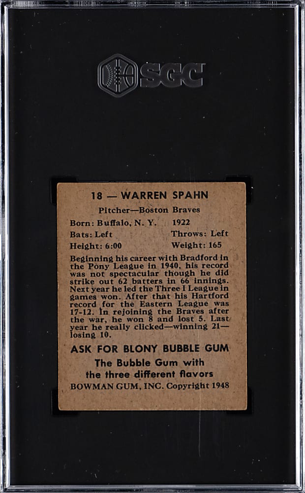 1948 Bowman #18 Warren Spahn Rookie SGC VG/EX+ 4.5