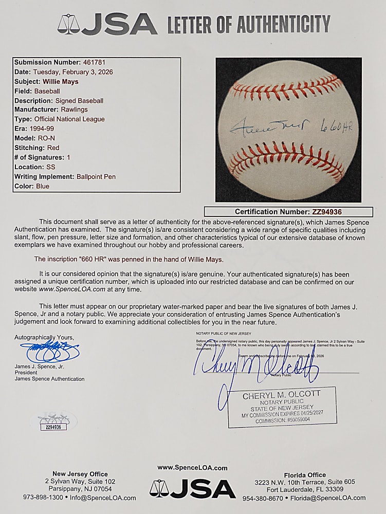 Willie Mays Single-Signed ONL/Coleman Baseball with Rare "660 HR" Inscription - Full JSA LOA