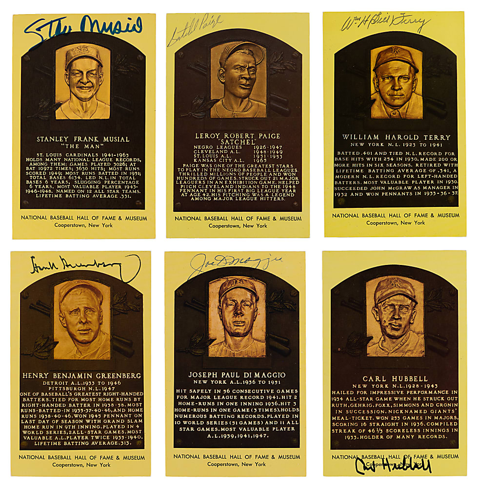 Yellow Hall of Fame Plaque Postcard Signed Collection (35) with Joe DiMaggio & Satchel Paige