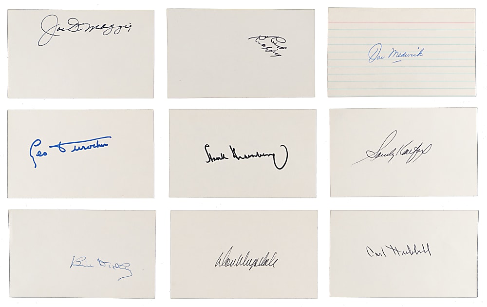 Hall of Famers Signed Index Card Collection (71) with DiMaggio, Koufax, Ruffing, Medwick & Greenberg