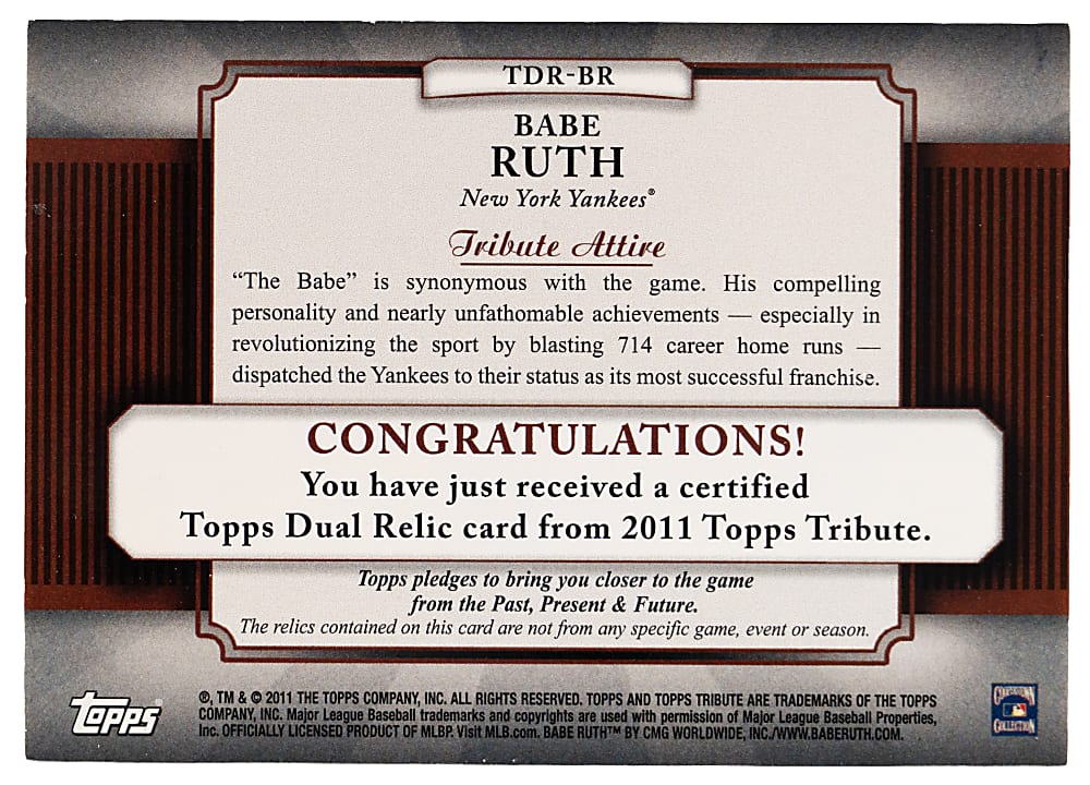 2011 Topps Tribute Babe Ruth Dual Relic Red Parallel #1/1