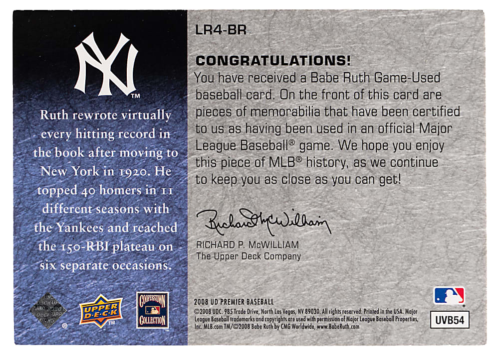 2008 Upper Deck Premier Babe Ruth Legendary Remnants Quad Game-Used Bat #3/10 - Matches Jersey Number!