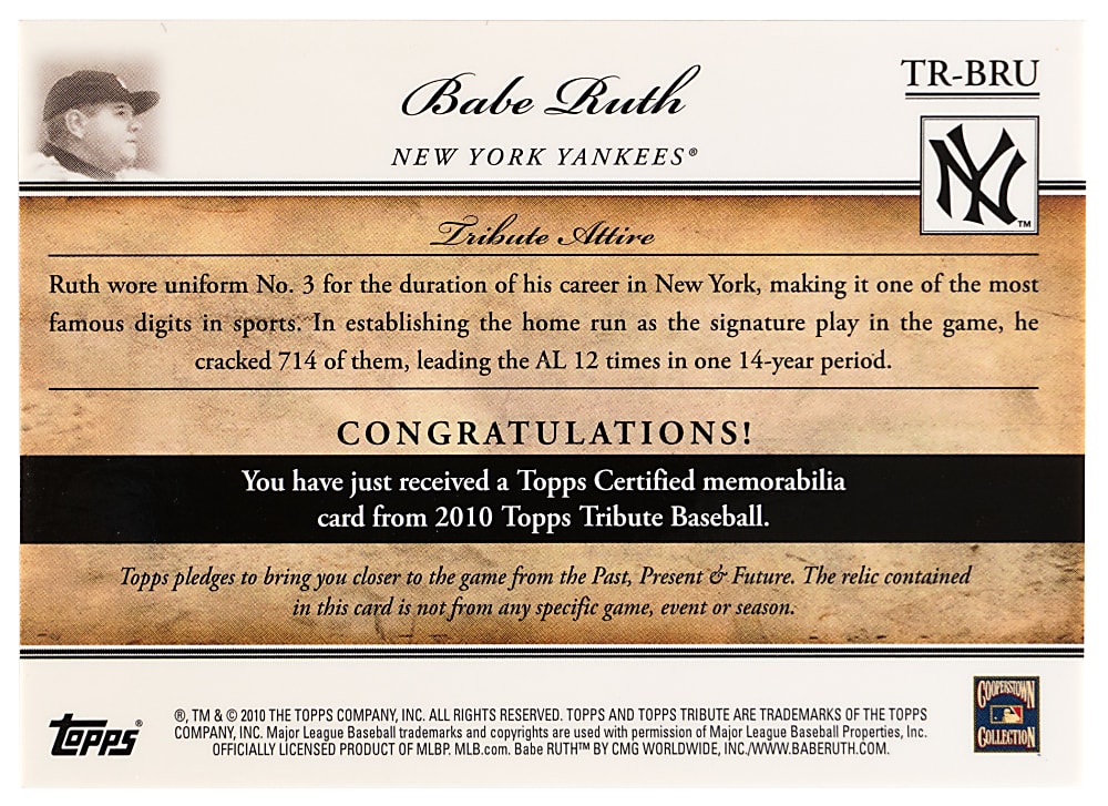 2010 Topps Tribute Babe Ruth Relic Gold Parallel #/25