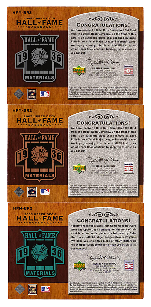 2005 Upper Deck Hall of Fame Material Babe Ruth Bat Card Trio with #/10