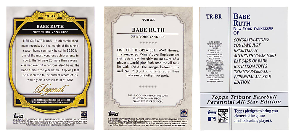 2003-2013 Topps Product Babe Ruth Bat Card Trio with Museum Collection, Tier One & Tribute