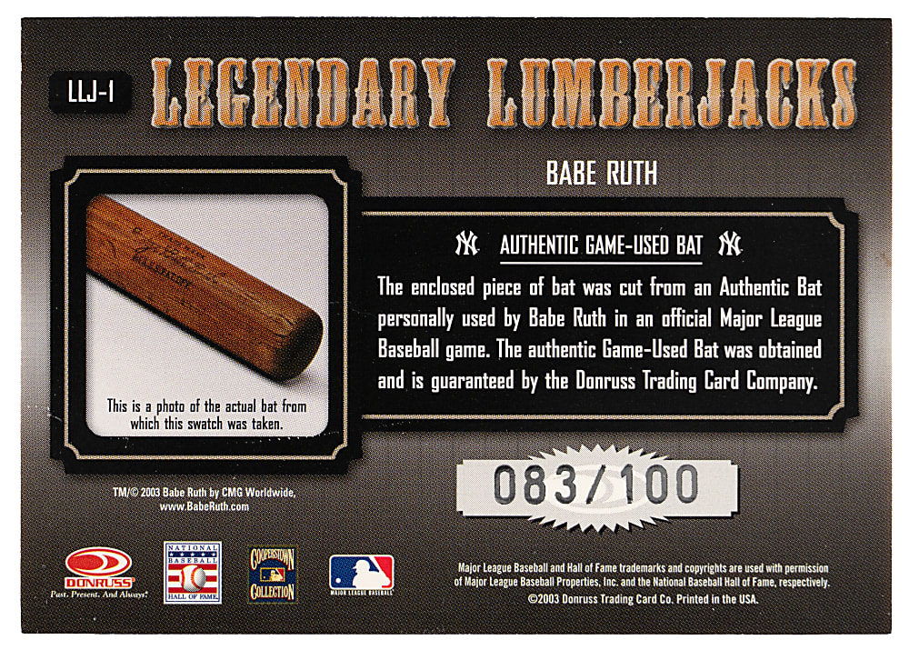 2003 Donruss Classics Legendary Lumberjacks #1 Babe Ruth Game-Used Bat Card #/100
