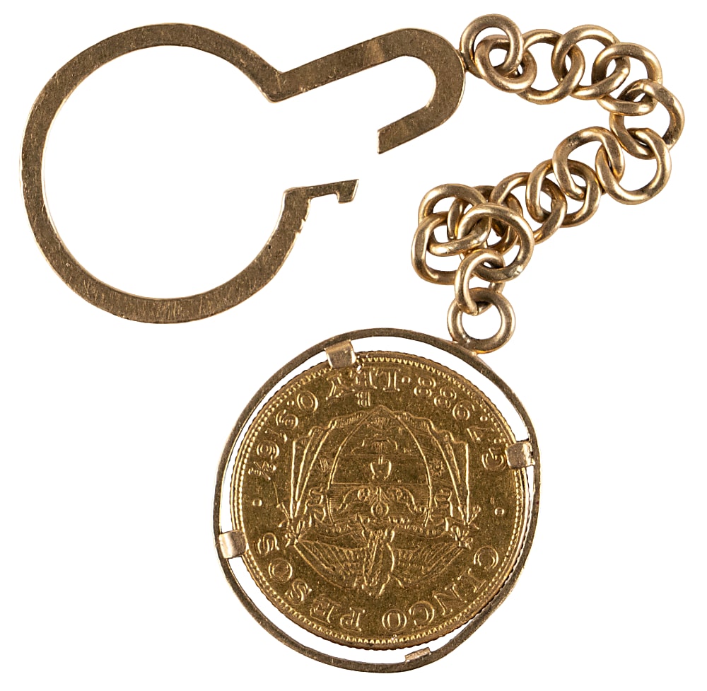 1920 Columbia 5 Pesos Gold Coin Set in Watch Fob Chain