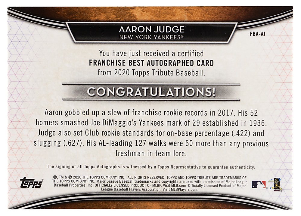 2020 Topps Tribute Franchise Best Aaron Judge Certified Autograph Red Parallel #03/10