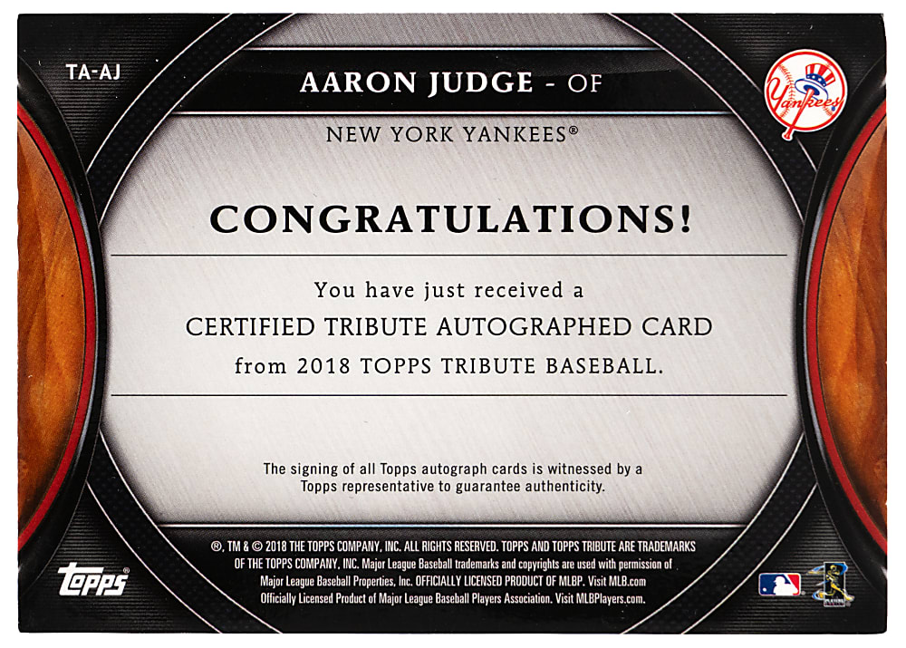 2018 Topps Tribute Aaron Judge Certified Autograph (Away Jersey) Pose Purple Parallel #/50
