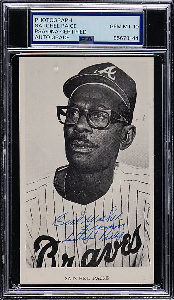 1969 Satchel Paige Signed Atlanta Braves Team-Issued Photograph - PSA/DNA GEM MINT 10 Autograph!