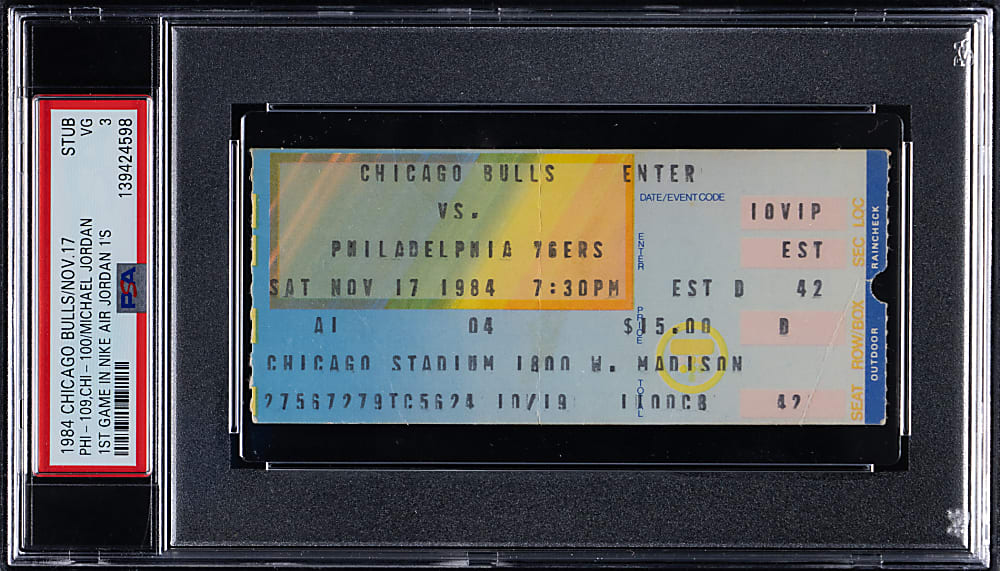 Iconic November 17th, 1984 Chicago Bulls vs. Philadelphia 76ers Ticket Stub - PSA VG 3 - Michael Jordan's 1st Game in Air Jordan 1's!!