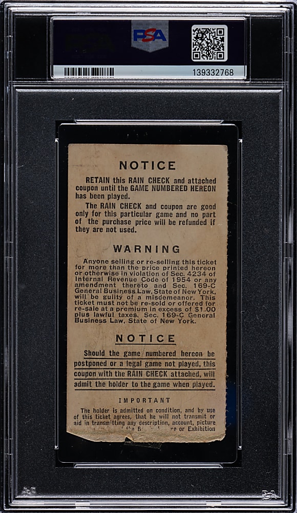 1954 World Series New York Giants vs. Cleveland Indians Game 1 Ticket Stub PSA FAIR 1.5 - Willie Mays Makes "The Catch"!