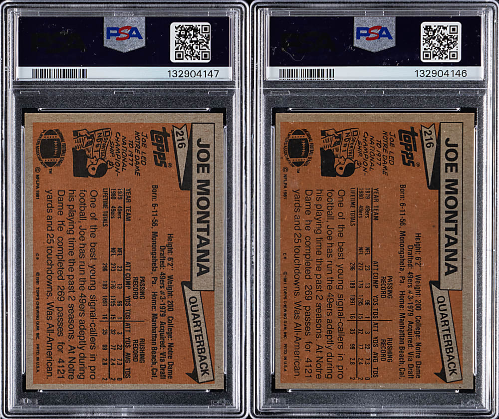1981 Topps Football #216 Joe Montana Rookie Card Pair - PSA NM-MT 8 & PSA EX-MT 6