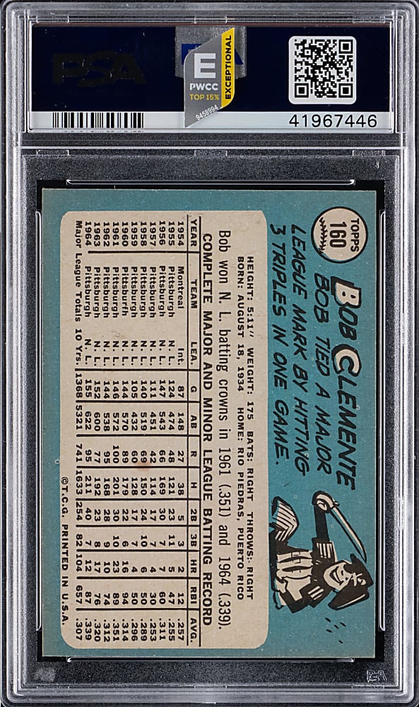 1965 Topps #160 Roberto Clemente PSA NM-MT 8