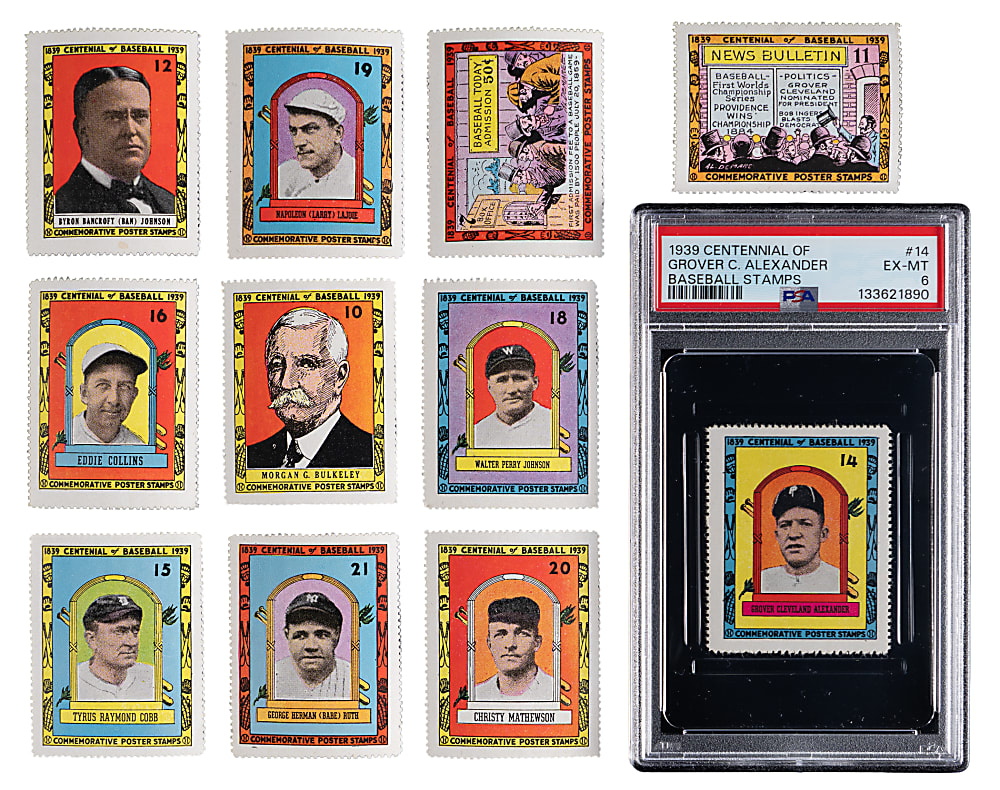 1939 Centennial of Baseball Partial Set (16/25) Stamps with Ty Cobb & Babe Ruth Plus (6) PSA Graded