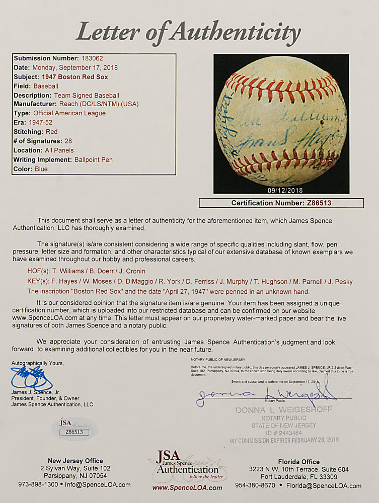 1947 Boston Red Sox Team-Signed OAL/Harridge Baseball with (28) Signatures Including Ted Williams & Joe Cronin - Full JSA LOA