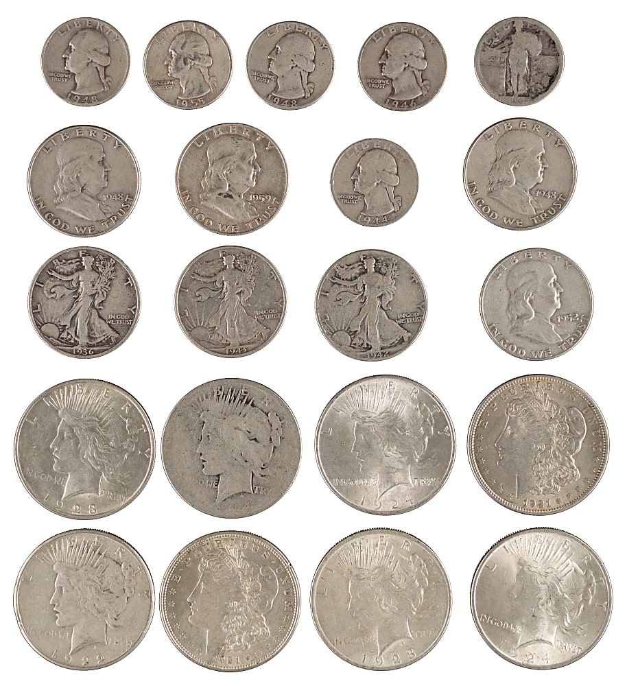 1920s-1950s Silver Coin Collection (26) with (9) Dollars Including 1921 Peace