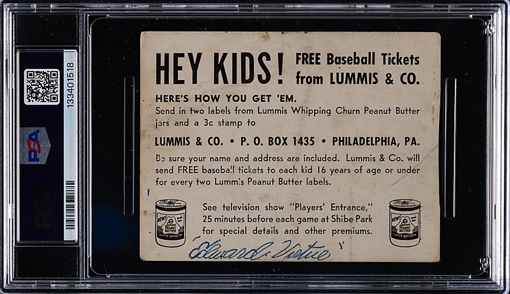 1949 Lummis Peanut Butter Signed Del Ennis PSA/DNA Authentic with Auto 9 Grade