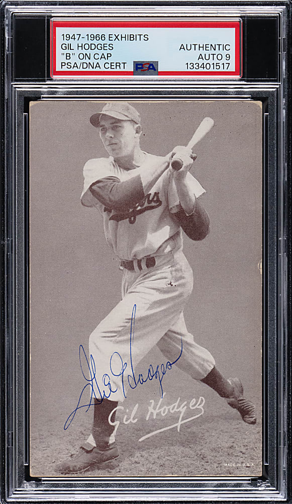 1947-1966 Exhibits Gil Hodges Signed "B" on Cap Variation - PSA/DNA Auto 9