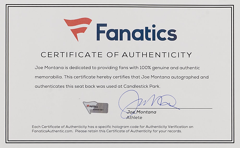 Joe Montana Signed & Inscribed Candlestick Park #16 Seat Back with Montana Signed Fanatics COA