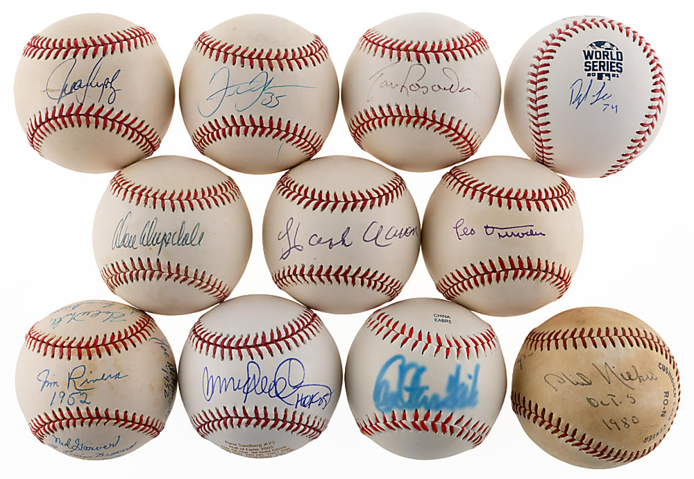 Signed Baseball Collection (11) with (8) Hall of Famers Including Aaron, Drysdale & Durocher