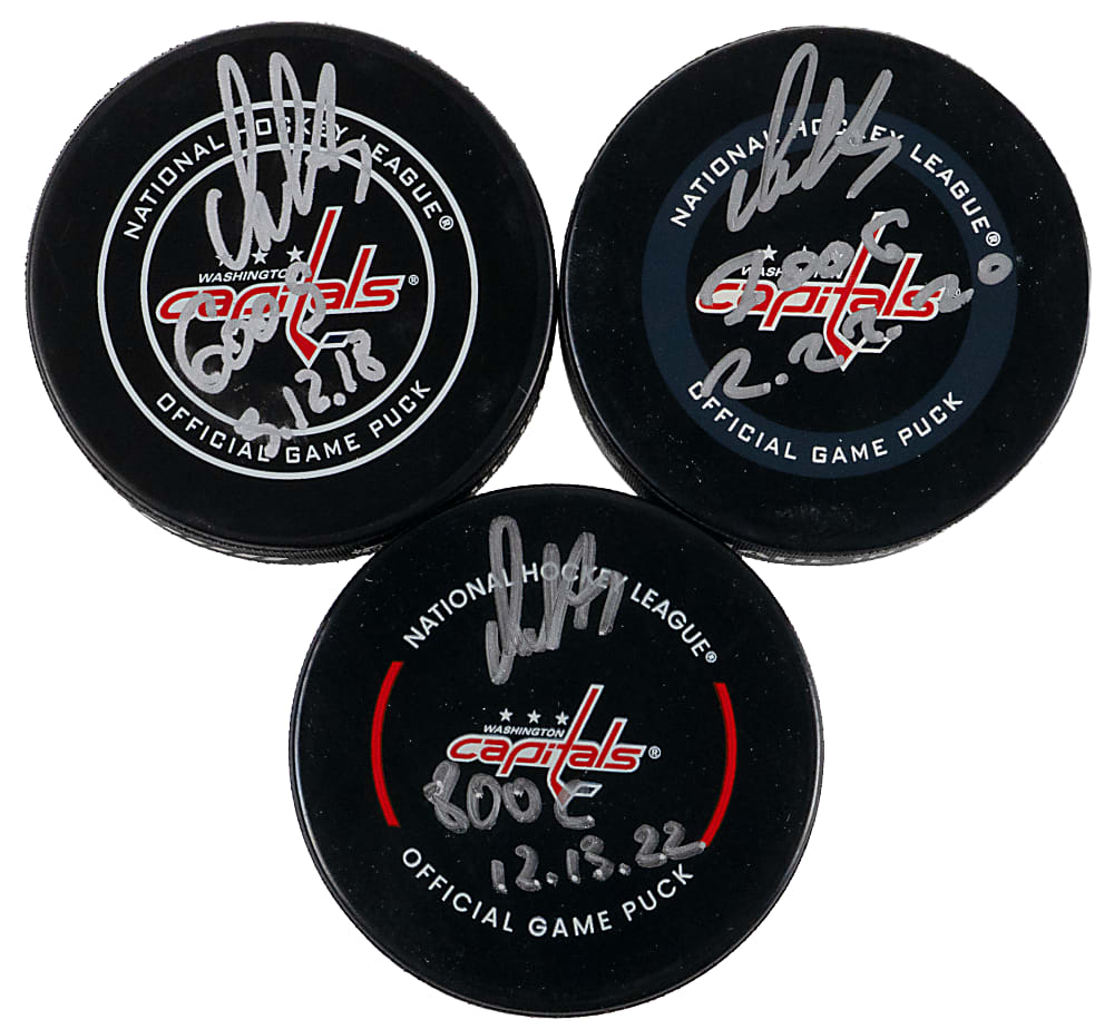 Alex Ovechkin "The Gr8 Chase" Signed & Inscribed Puck Trio with 600, 700 & 800 Inscriptions - All Fanatics