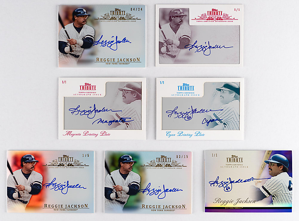 2012 & 2013 Topps Tribute Reggie Jackson Certified Autograph Collection (7) Different with (4) #1/1 Including (3) Printing Plates