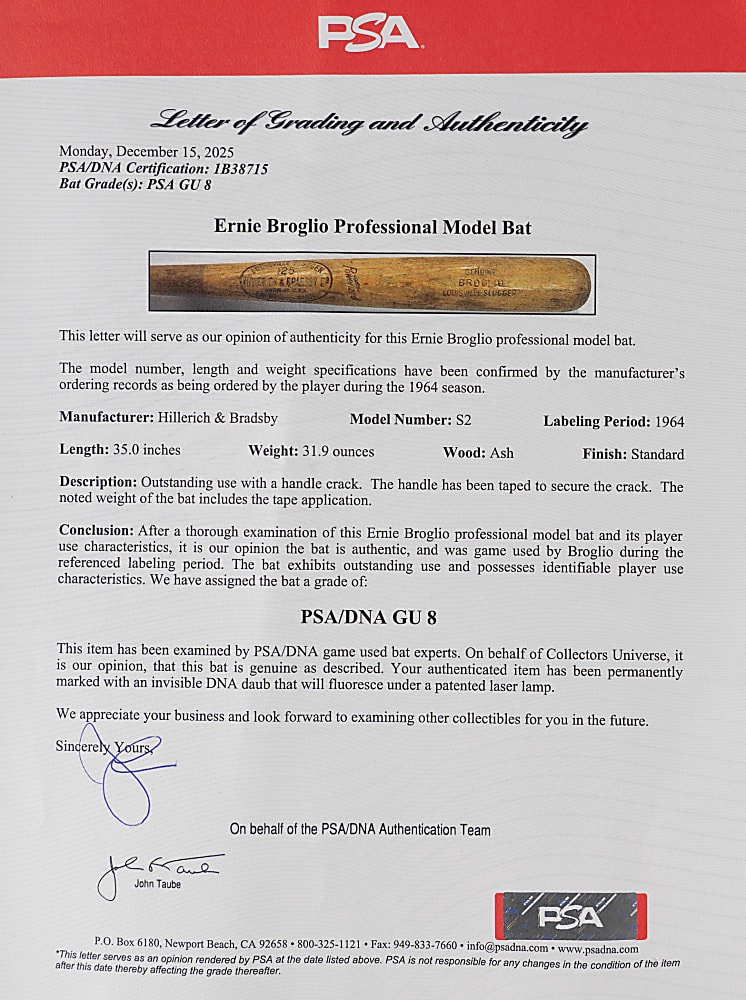 1964 Ernie Broglio St. Louis Cardinals/Chicago Cubs Game Used Bat PSA/DNA GU 8