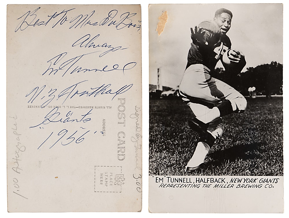 1956 Emlen Tunnell Signed and Dated Miller Brewing Co. Postcard