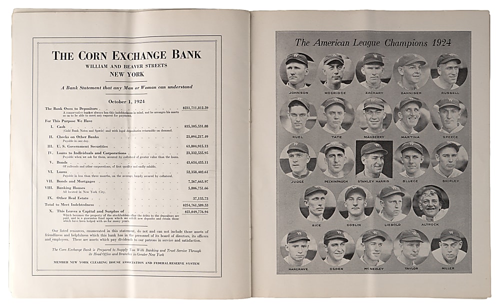 1924 World Series Washington Senators at New York Giants Game 5 Program - Jack Bentley vs. Walter Johnson