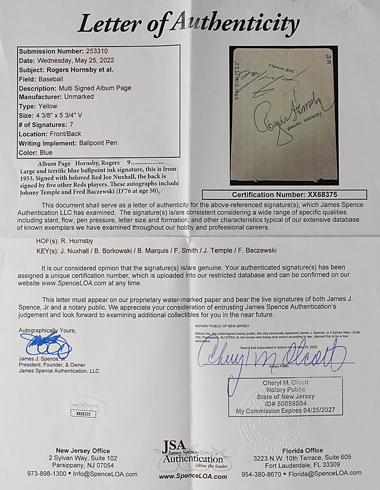Rogers Hornsby Bold Cut Signature - Full JSA LOA
