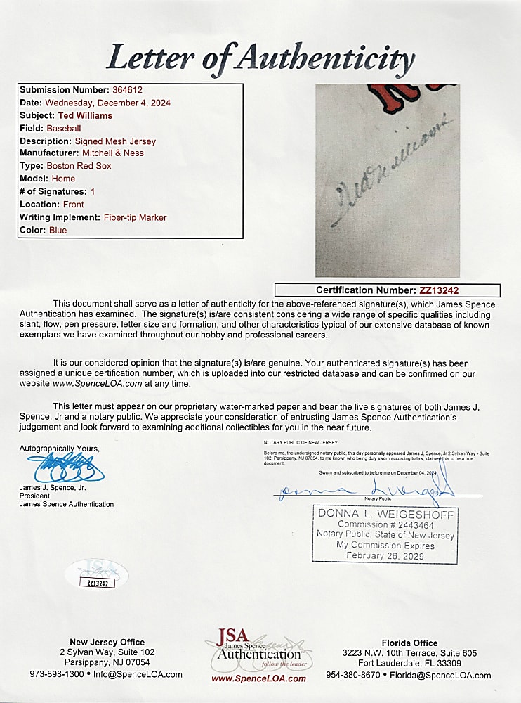 Ted Williams Signed Mitchell & Ness Cooperstown Collection Boston Red Sox Jersey with Full JSA LOA