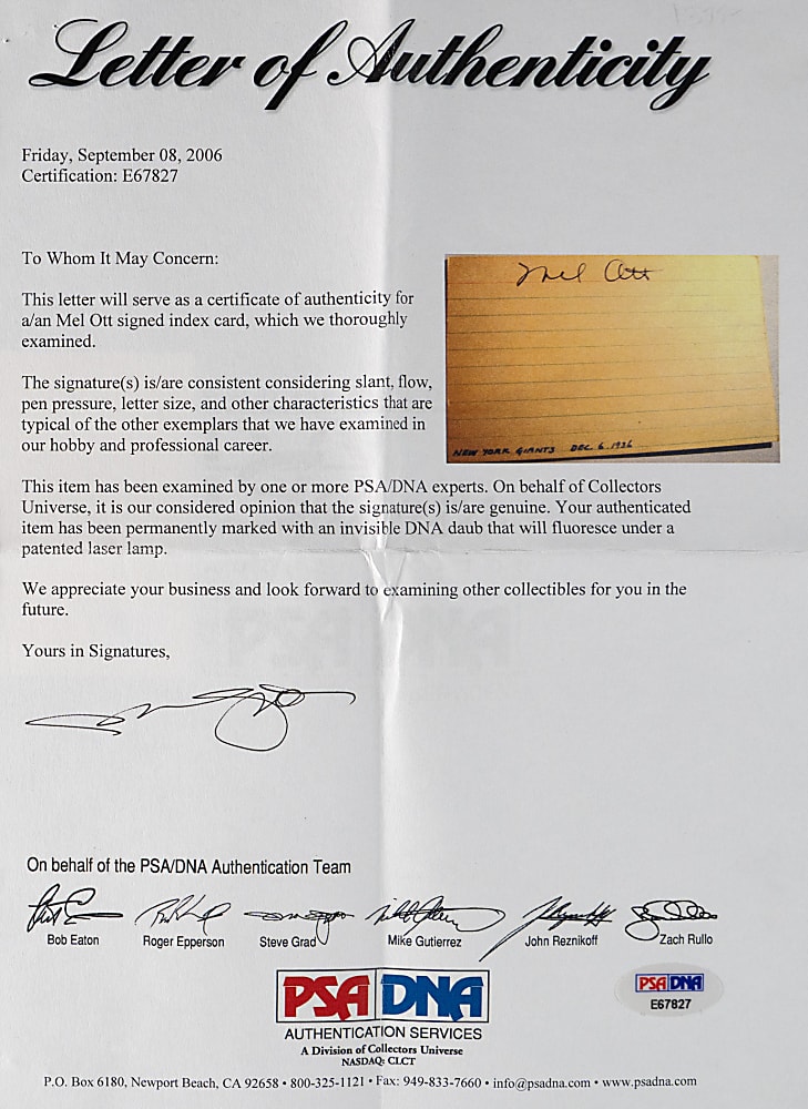 Mel Ott Boldly Signed Index Card - Full PSA/DNA LOA