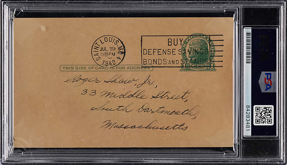 1942 Bucky Harris Signed Government Postcard - PSA/DNA Authentic