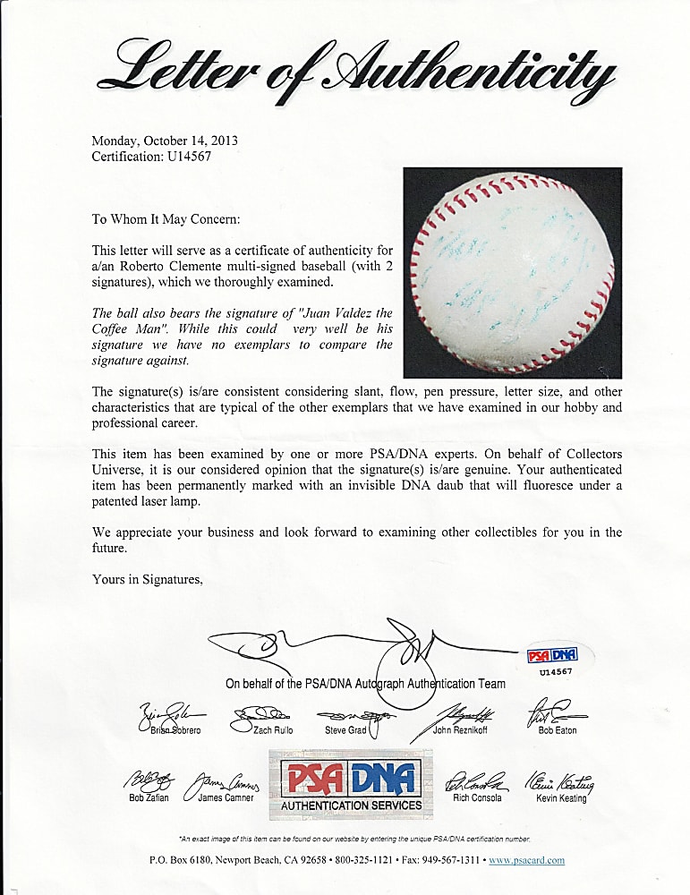 Roberto Clemente Signed ONL/Giles Baseball with Full PSA/DNA LOA