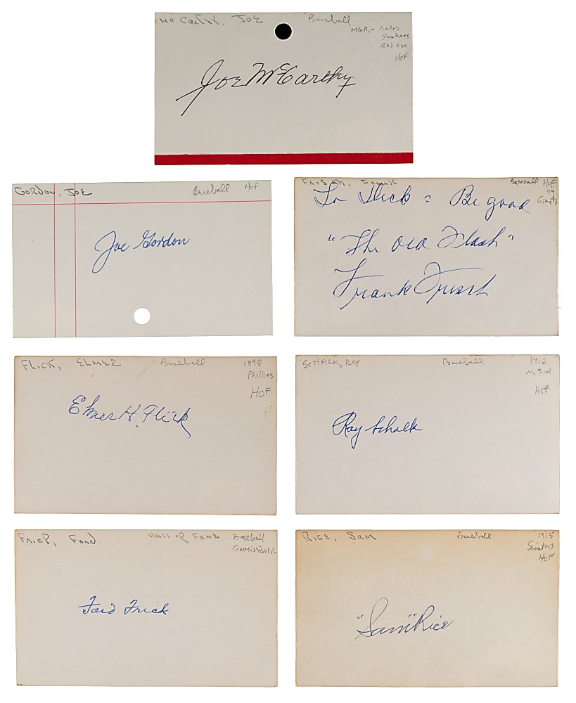 Hall of Fame Signed Index Cards (7) with Flick, Schalk & Rice - Each JSA Certified