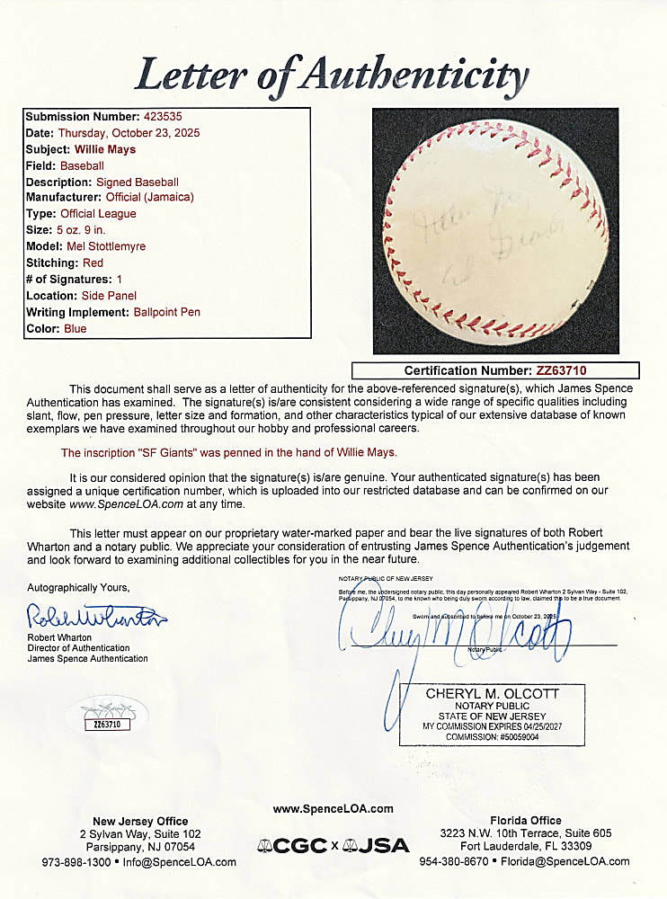 Circa 1968-1969 Willie Mays Period Signed Baseball with "SF Giants" Inscription - Full JSA LOA