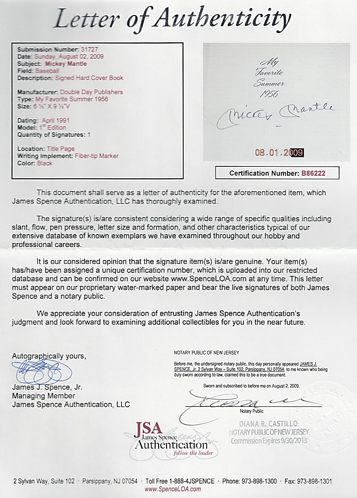 1991 Mickey Mantle Signed "My Favorite Summer 1956" Book with Full JSA LOA