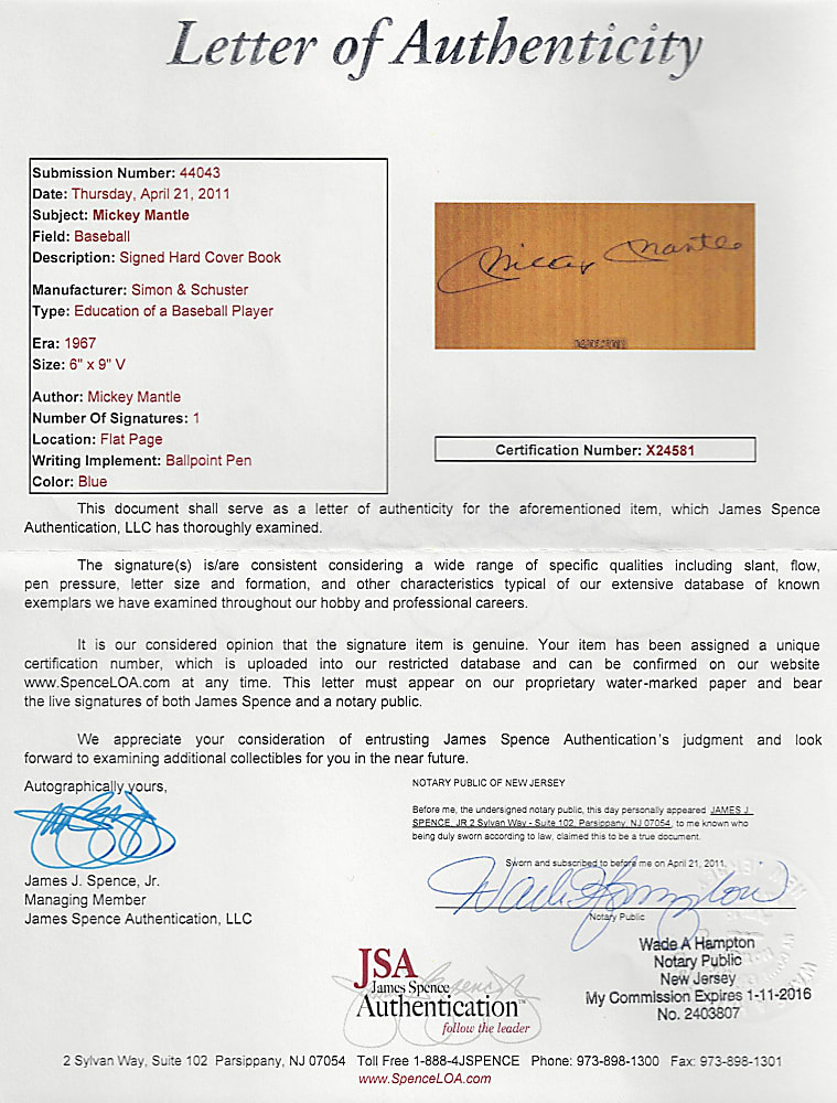 1967 Mickey Mantle Signed "The Education of a Baseball Player" Book - Full JSA LOA