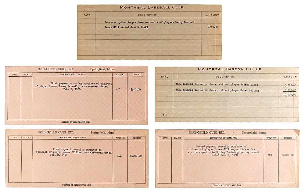 1950 Springfield Cubs & Montreal Royals Contract Purchase Payment Stubs (5) for Negro League Baltimore Elite Giants Jim Gilliam, Joe Black & "Toots" Ferrell