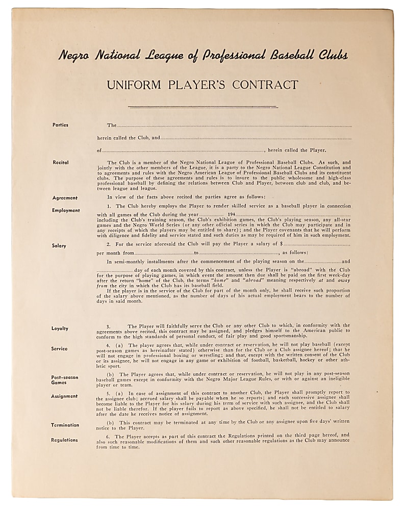 1940s Negro National League Uniform Player's Contract from Richard Powell Collection