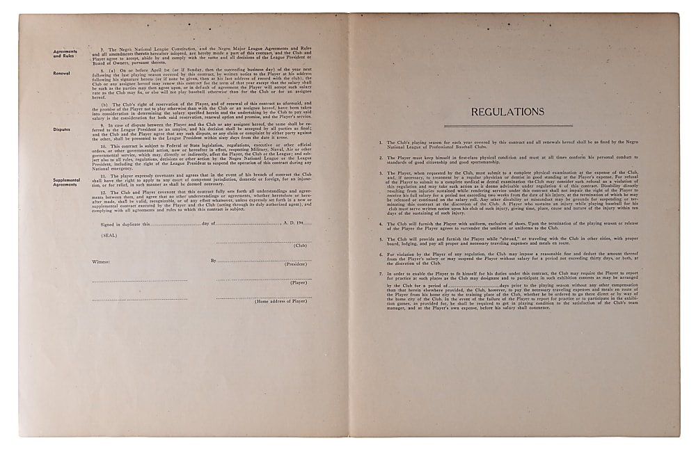 1940s Negro National League Uniform Player's Contract from Richard Powell Collection