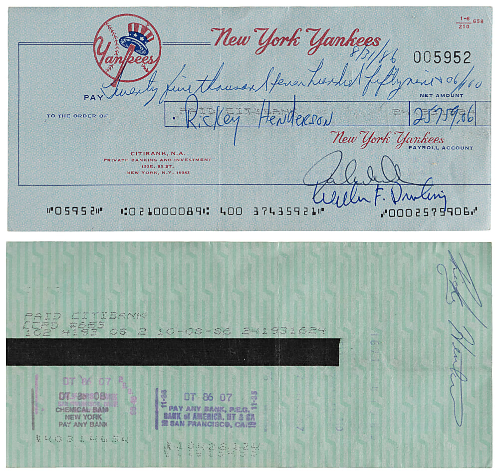 1986 Rickey Henderson Endorsed New York Yankees Payroll Check