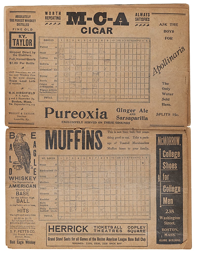 1905 Boston Americans Official Score Card with Hall of Famers Jimmy Collins & Bobby Wallace